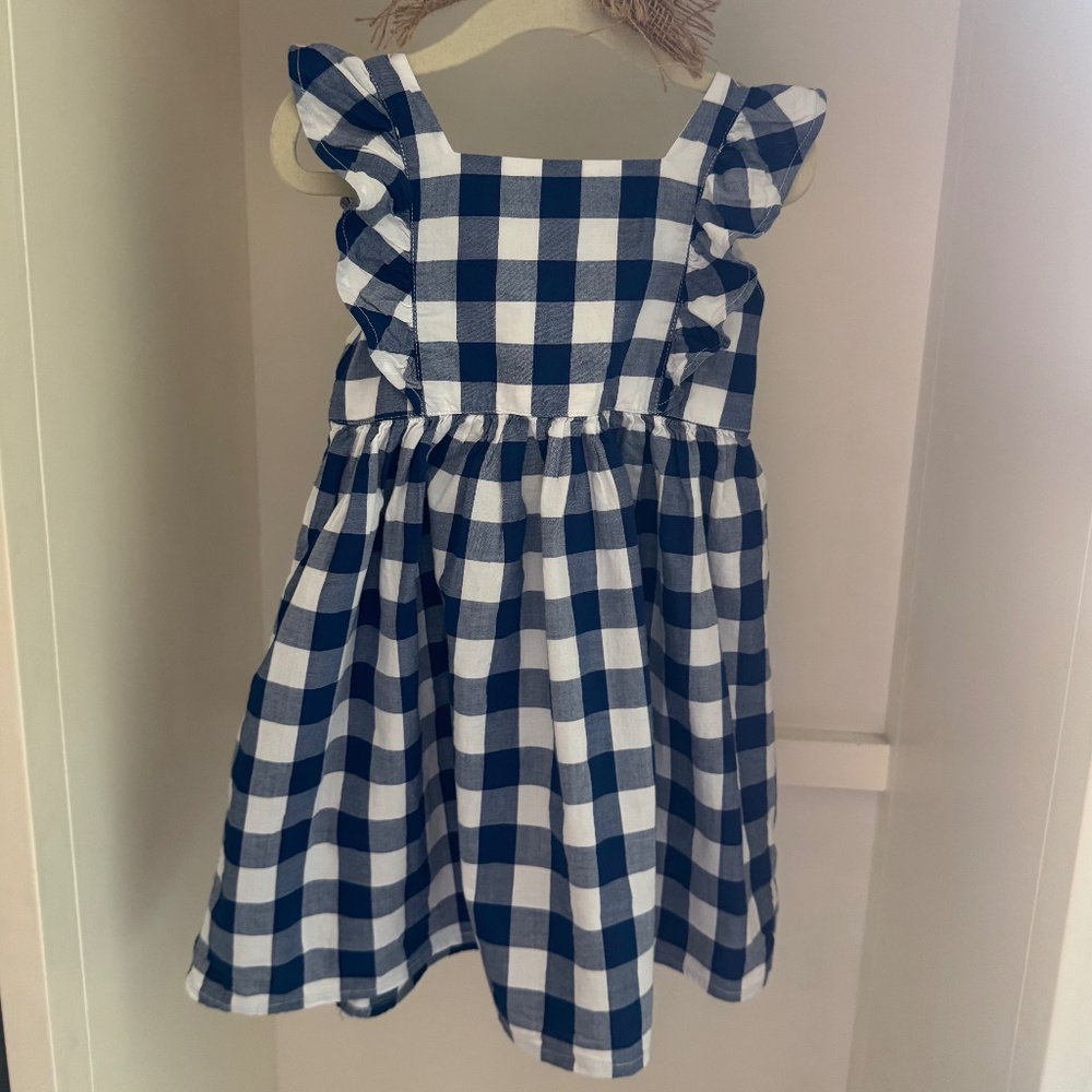 OshKosh Navy + White Checked Flutter Sleeve Sundress, girls size 4t